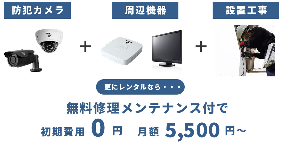 防犯カメラ各種機器と設置工事費用セットで初期費用0円のサブスク